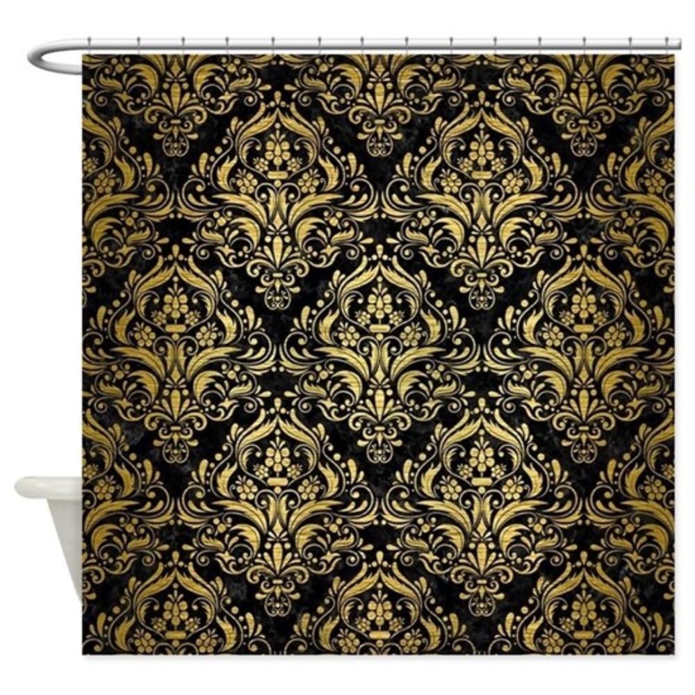 Damask Blk Marble & Gold Brushed Shwr Curtain NWOT